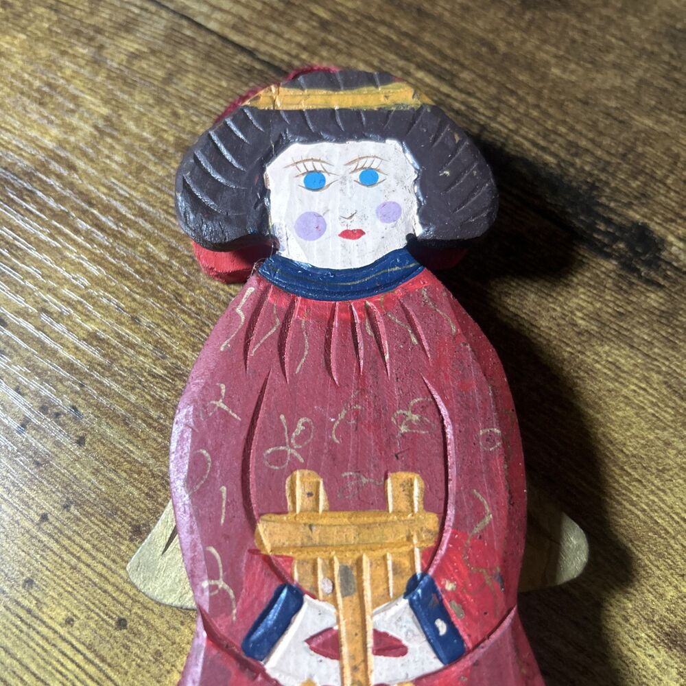Angel Wooden Christmas Vintage Ornament W/ Harp Heart String Wings Brown Hair - Picture 7 of 10
